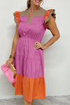 KaleaBoutique Color Block Tiered Notched Neck Ruffle Sleeve Dress - KaleaBoutique.com