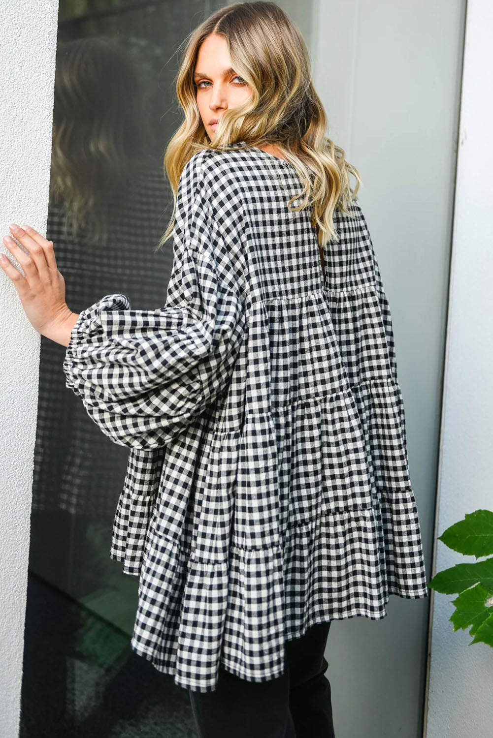 KaleaBoutique Checkered Puff Sleeve Tiered Loose Babydoll Blouse - KaleaBoutique.com