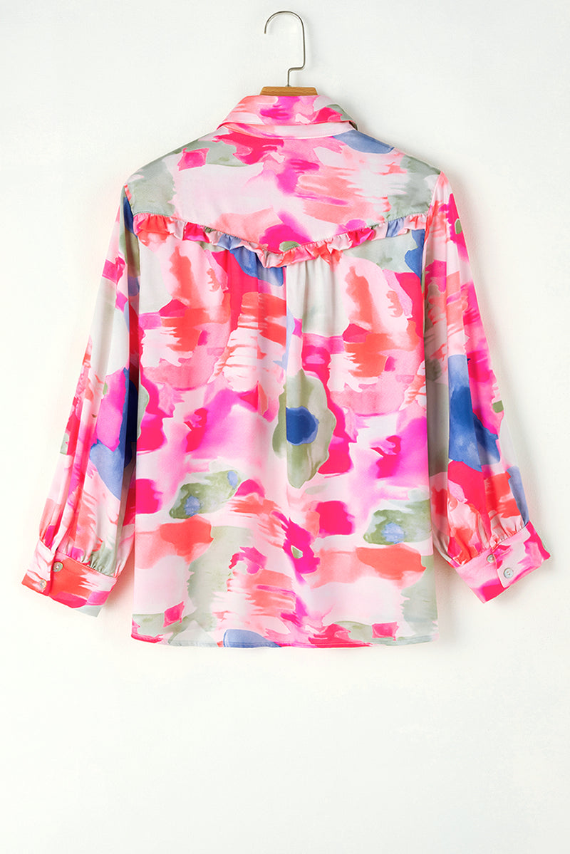 KaleaBoutique Abstract Printed Lantern Sleeve Frilled Button Front Collared Shirt - KaleaBoutique.com