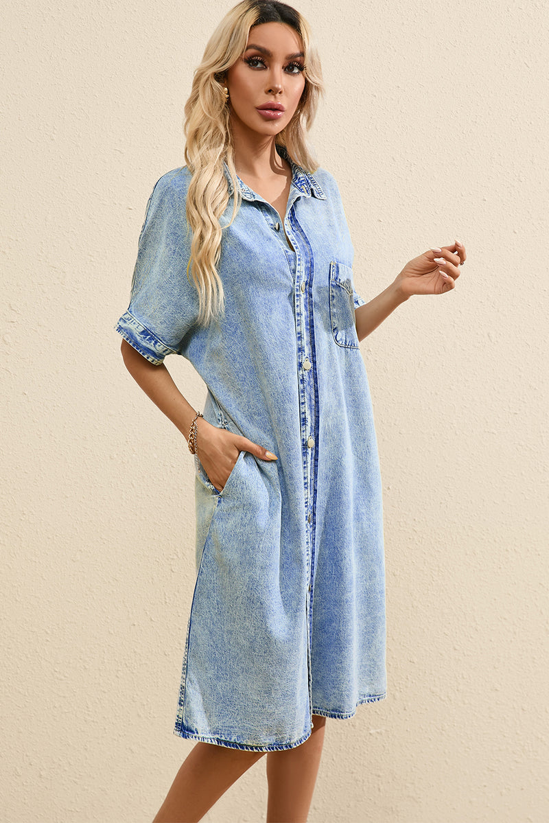 KaleaBoutique Loose Medium Wash Short Sleeve Shirt Chambray Dress - KaleaBoutique.com