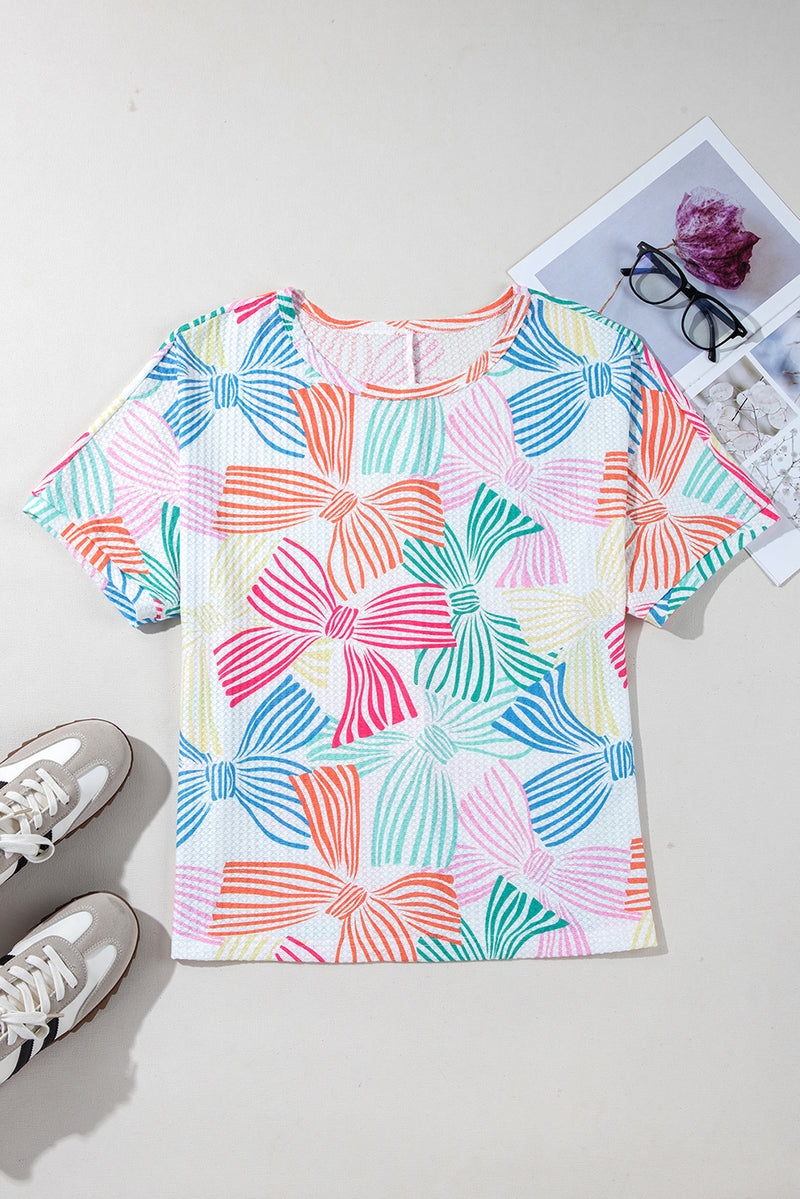 KaleaBoutique Stylish Bowknot Printed Waffle Crewneck Loose Short Sleeve Top - KaleaBoutique.com