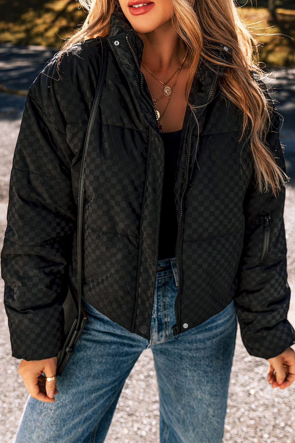 KaleaBoutique Checkerboard Full Zipper Puffer Jacket - KaleaBoutique.com