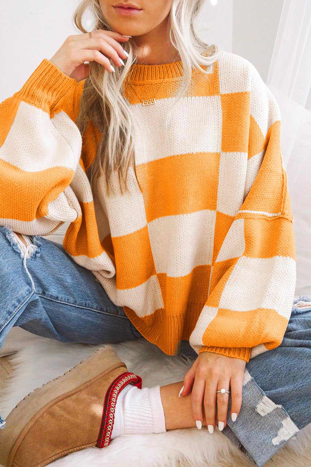 KaleaBoutique Orange Checkered Bishop Sleeve Sweater - KaleaBoutique.com