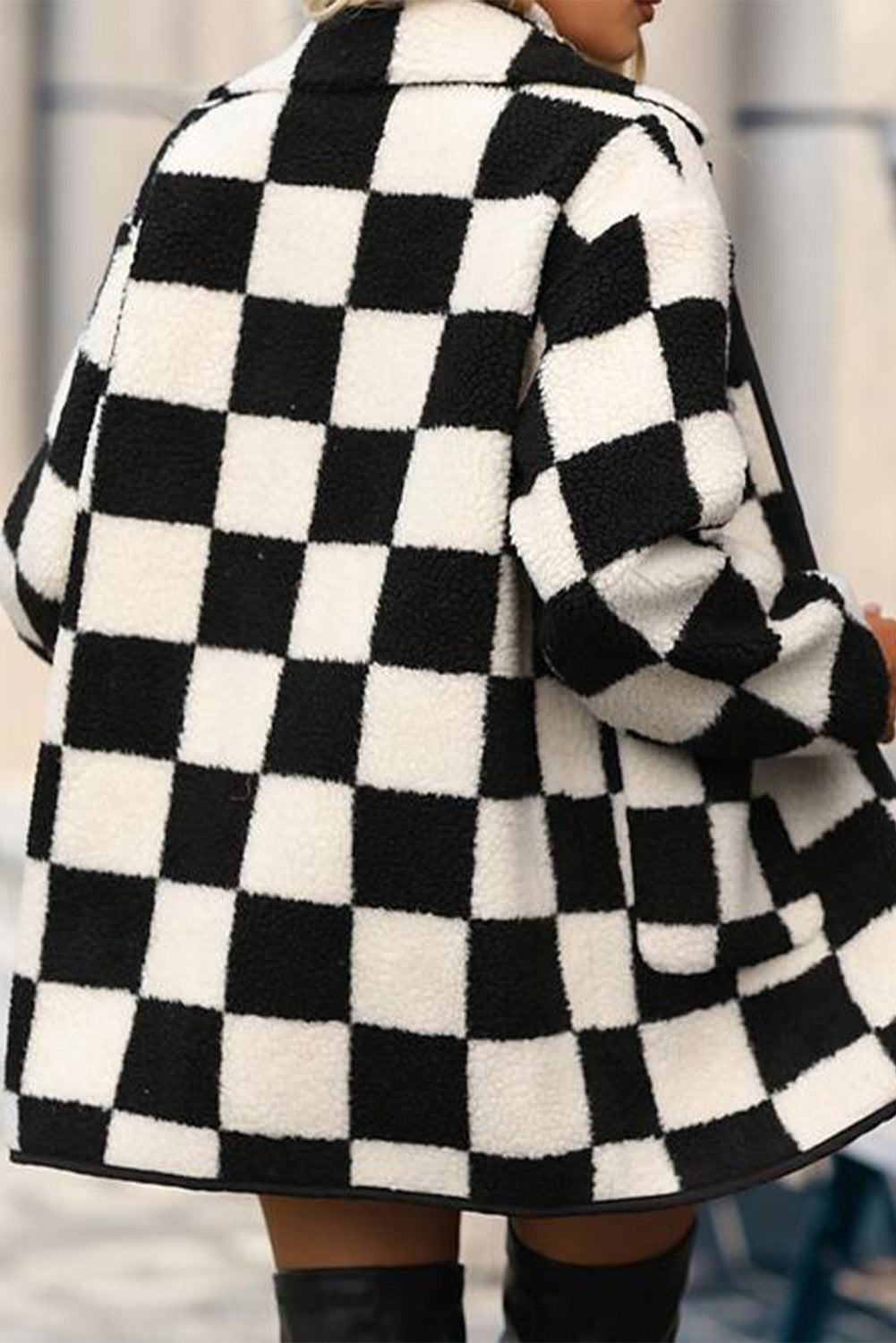 KaleaBoutique Checkered Side Pockets Collared Buttoned Fleece Jacket - KaleaBoutique.com