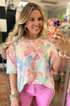 KaleaBoutique Stylish Bowknot Printed Waffle Crewneck Loose Short Sleeve Top - KaleaBoutique.com