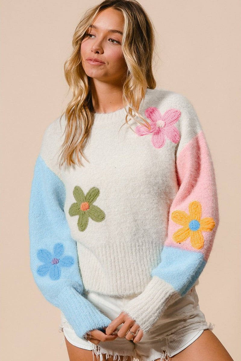 KaleaBoutique Floral Embroidered Colorblock Fuzzy Drop Shoulder Sweater - KaleaBoutique.com