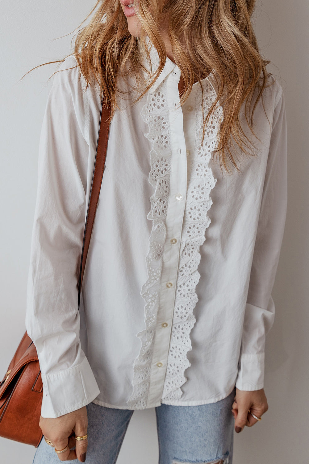 KaleaBoutique Lace Crochet Trim Turn Down Collar Buttoned Shirt - KaleaBoutique.com