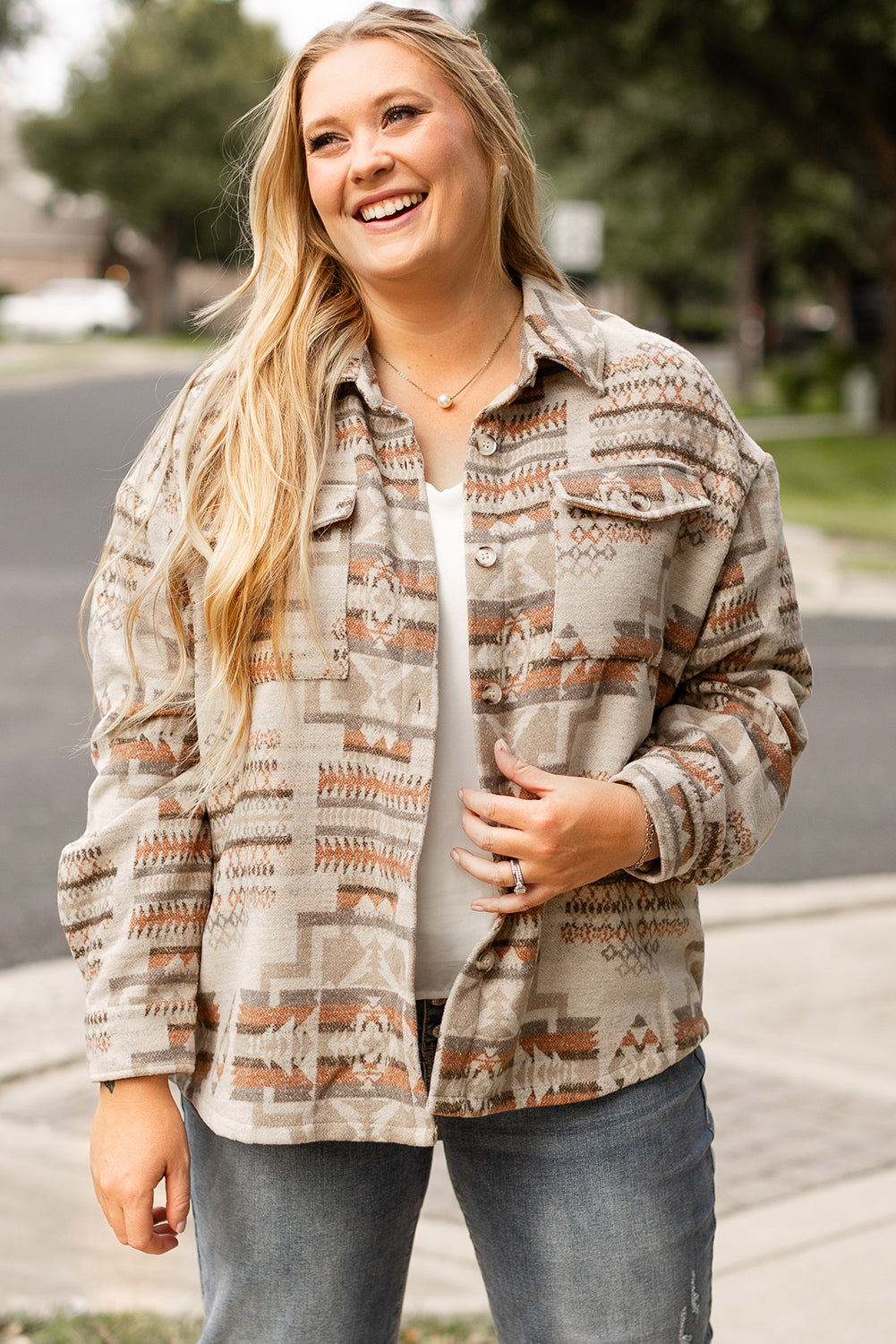 KaleaBoutique Aztec Geometric Print Pockets Plus Size Jacket - KaleaBoutique.com