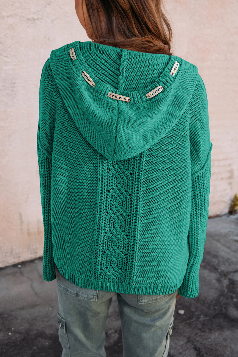 KaleaBoutique Cable Knit V Neck Contrast Drawstring Hooded Sweater - KaleaBoutique.com