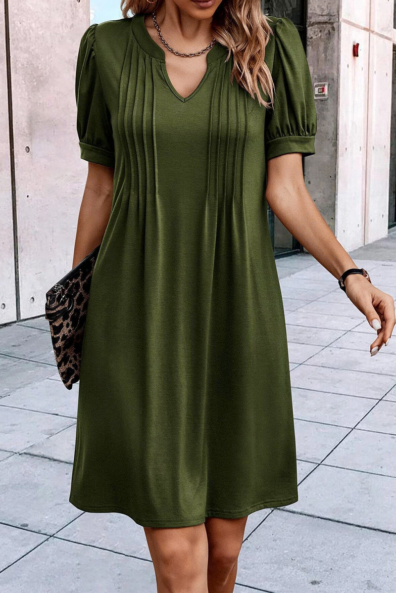 Notched Neck Pleated Puff Sleeve Shift T-shirt Dress - KaleaBoutique.com