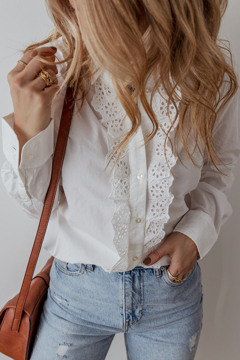 KaleaBoutique Lace Crochet Trim Turn Down Collar Buttoned Shirt - KaleaBoutique.com