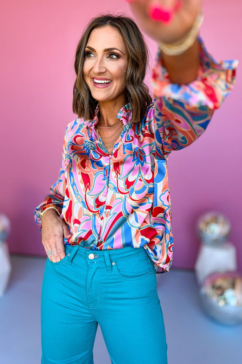 KaleaBoutique Stylish Abstract Print Frilly Neck Ruffled Sleeve Blouse - KaleaBoutique.com