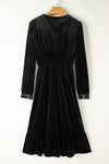 KaleaBoutique Velvet Buttoned Puff Sleeve V Neck Split Midi Dress - KaleaBoutique.com