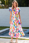 KaleaBoutique Ricrac Trim Flutter Sleeve Buttoned Floral Maxi Dress - KaleaBoutique.com