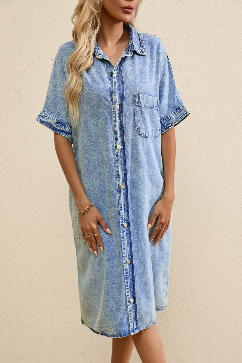 KaleaBoutique Loose Medium Wash Short Sleeve Shirt Chambray Dress - KaleaBoutique.com