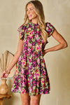 KaleaBoutique Floral Print Ruched Flutter Sleeve Frilled Neck Mini Dress - KaleaBoutique.com