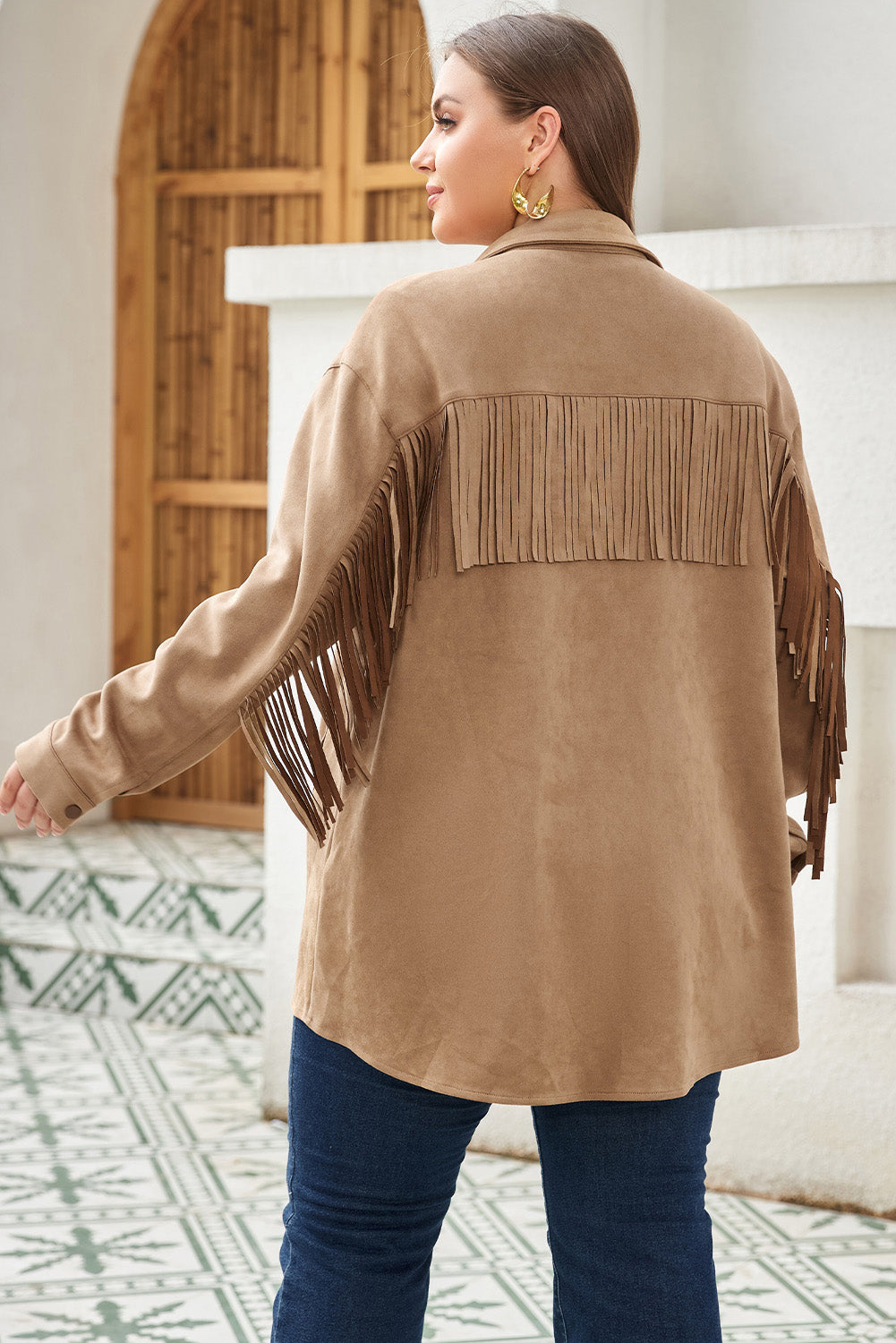 KaleaBoutique Fringe Trim Plus Size Suede Shacket - KaleaBoutique.com