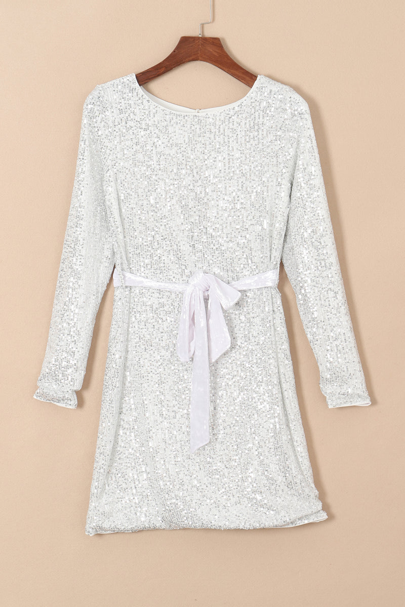 Sequin Long Sleeve Tie Waist Mini Dress - KaleaBoutique.com