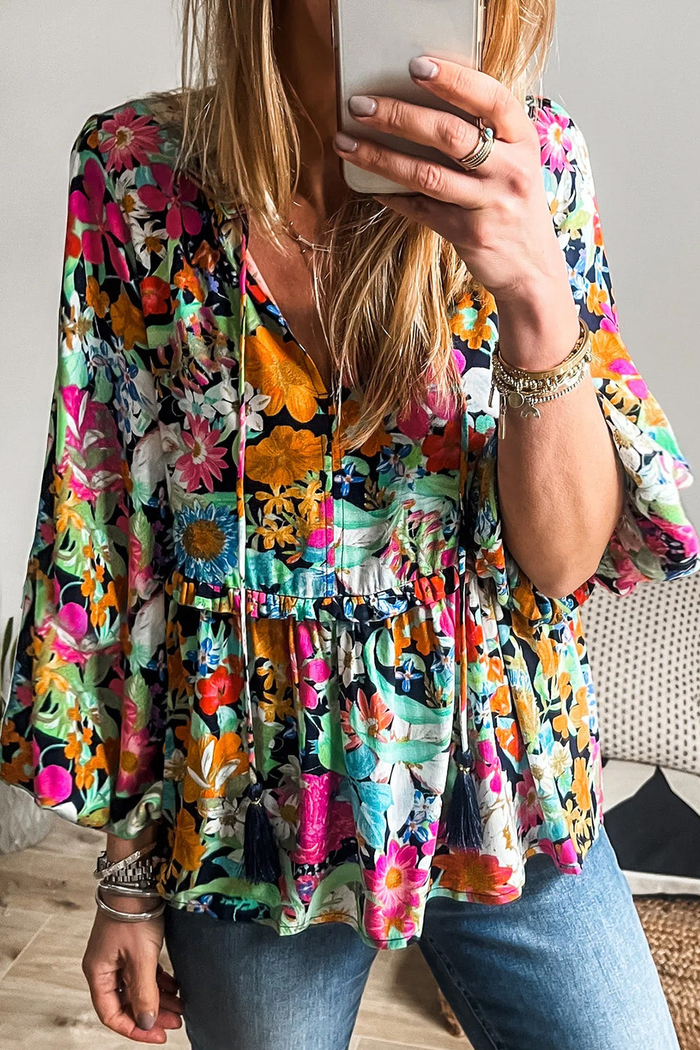 KaleaBoutique Floral Print Bubble Sleeve V Neck Ruffled Blouse - KaleaBoutique.com