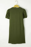 Notched Neck Pleated Puff Sleeve Shift T-shirt Dress - KaleaBoutique.com