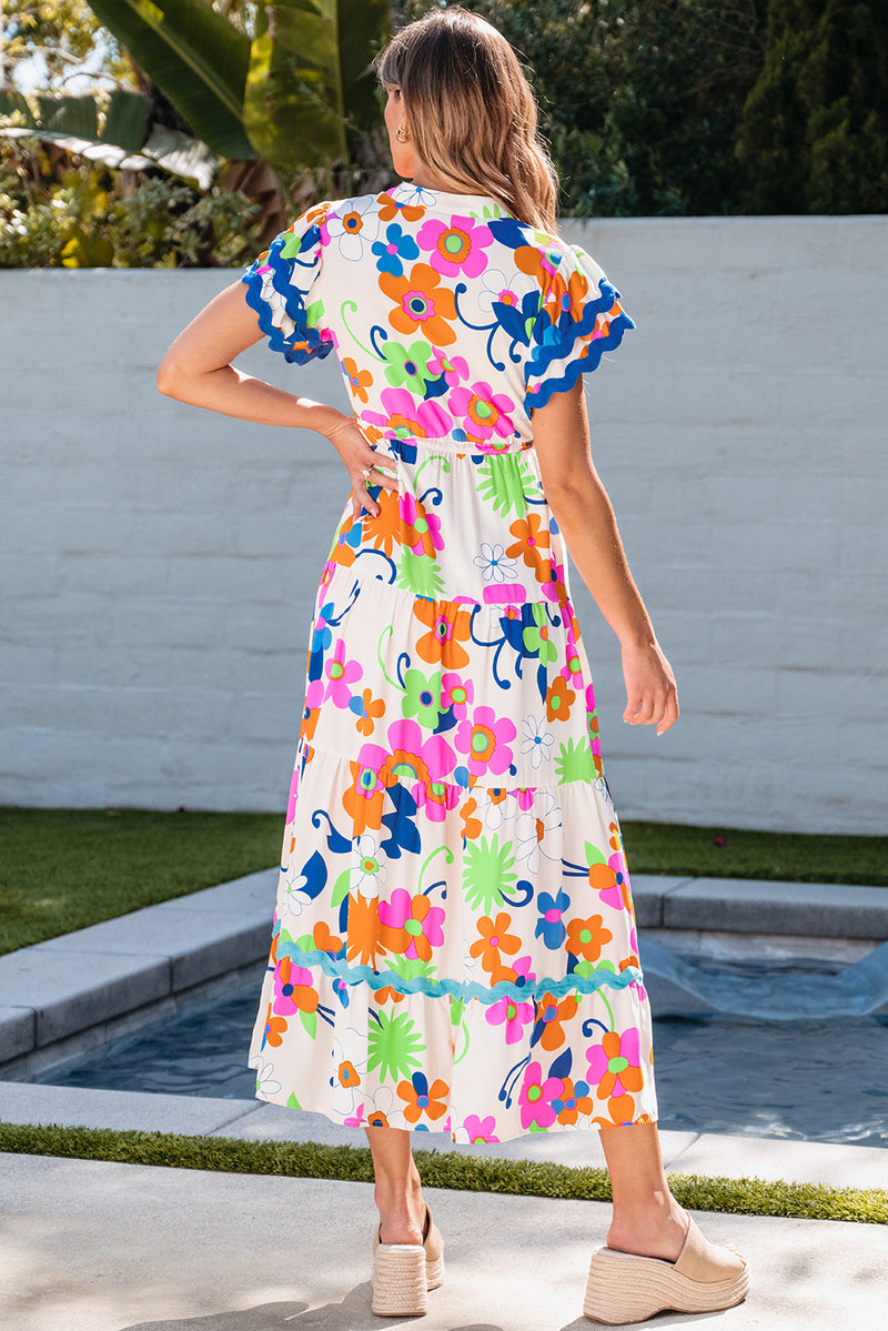 KaleaBoutique Ricrac Trim Flutter Sleeve Buttoned Floral Maxi Dress - KaleaBoutique.com