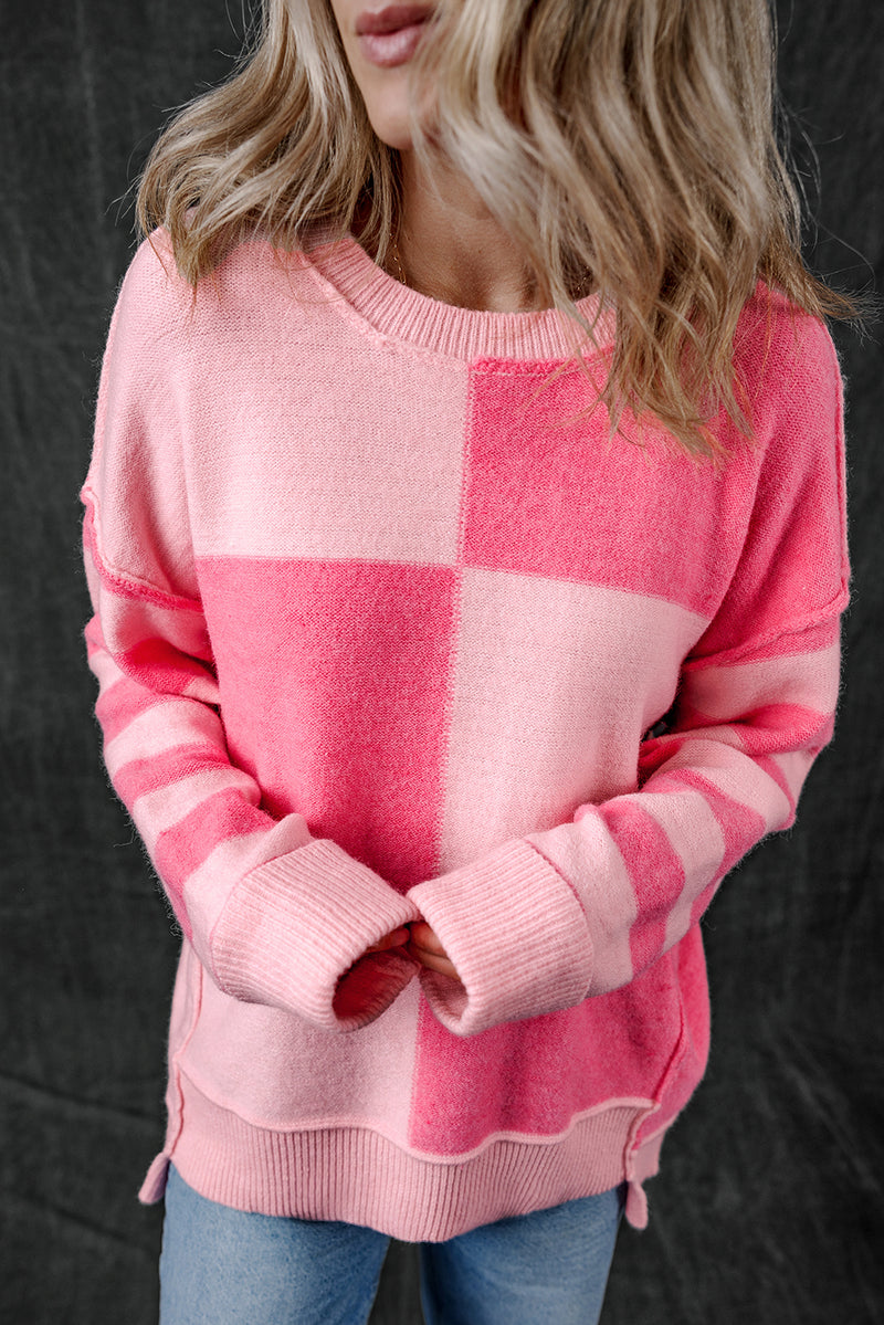 KaleaBoutique Checkered Colorblock Striped High Low Loose Sweater - KaleaBoutique.com