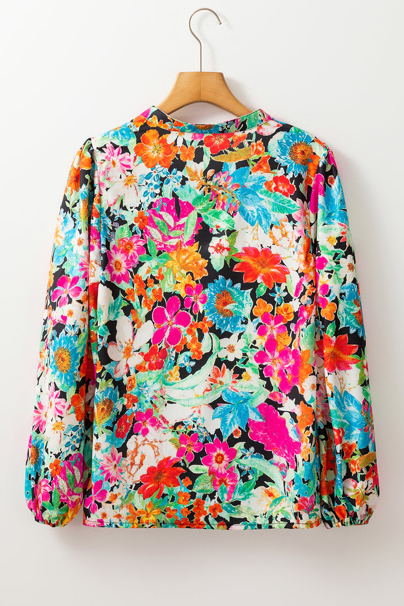 KaleaBoutique Floral Print Bubble Sleeve V Neck Ruffled Blouse - KaleaBoutique.com