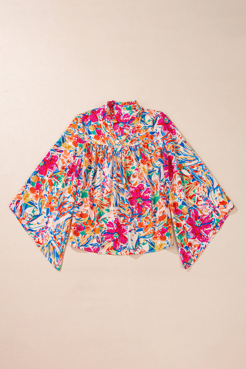 KaleaBoutique Stylish Floral Print Bell Sleeve V Neck Blouse - KaleaBoutique.com