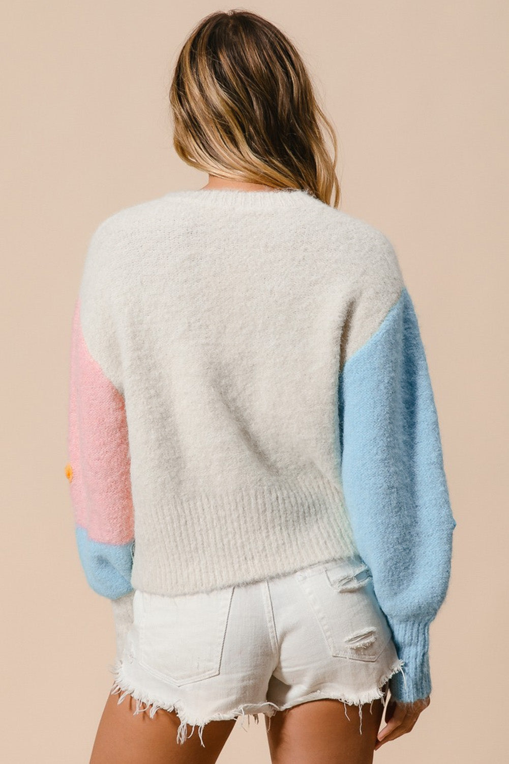 KaleaBoutique Floral Embroidered Colorblock Fuzzy Drop Shoulder Sweater - KaleaBoutique.com