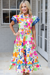 KaleaBoutique Ricrac Trim Flutter Sleeve Buttoned Floral Maxi Dress - KaleaBoutique.com