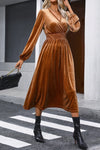 KaleaBoutique Wrap V Neck Smocked High Waist Velvet Midi Dress - KaleaBoutique.com