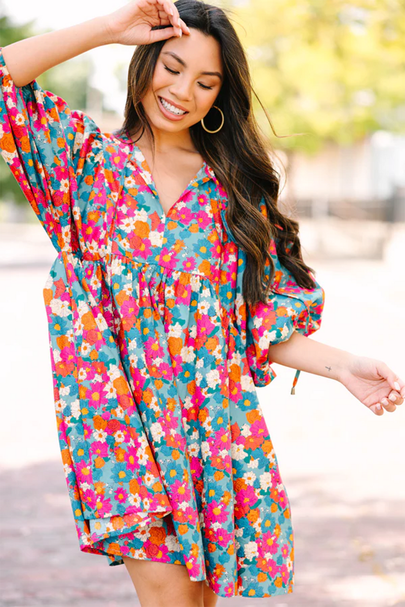 KaleaBoutique Floral Print Tie Split Neck Bubble Sleeve Babydoll Dress - KaleaBoutique.com