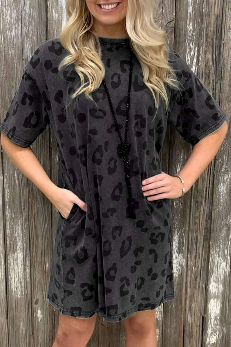 KaleaBoutique Stunning Vintage Washed Leopard T-Shirt Dress with Pockets - KaleaBoutique.com