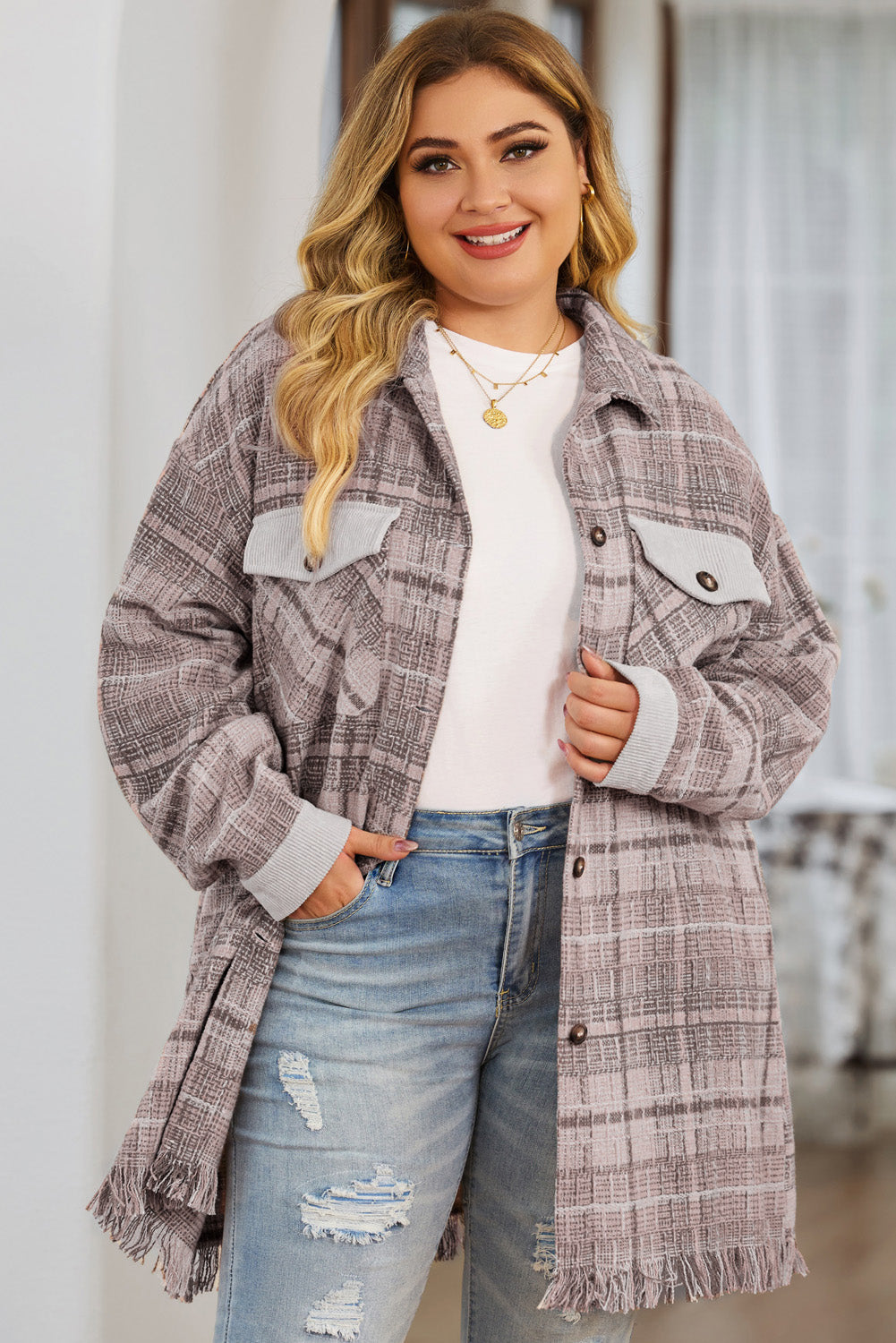 KaleaBoutique Plus Size Macrame Plaid Coat - KaleaBoutique.com