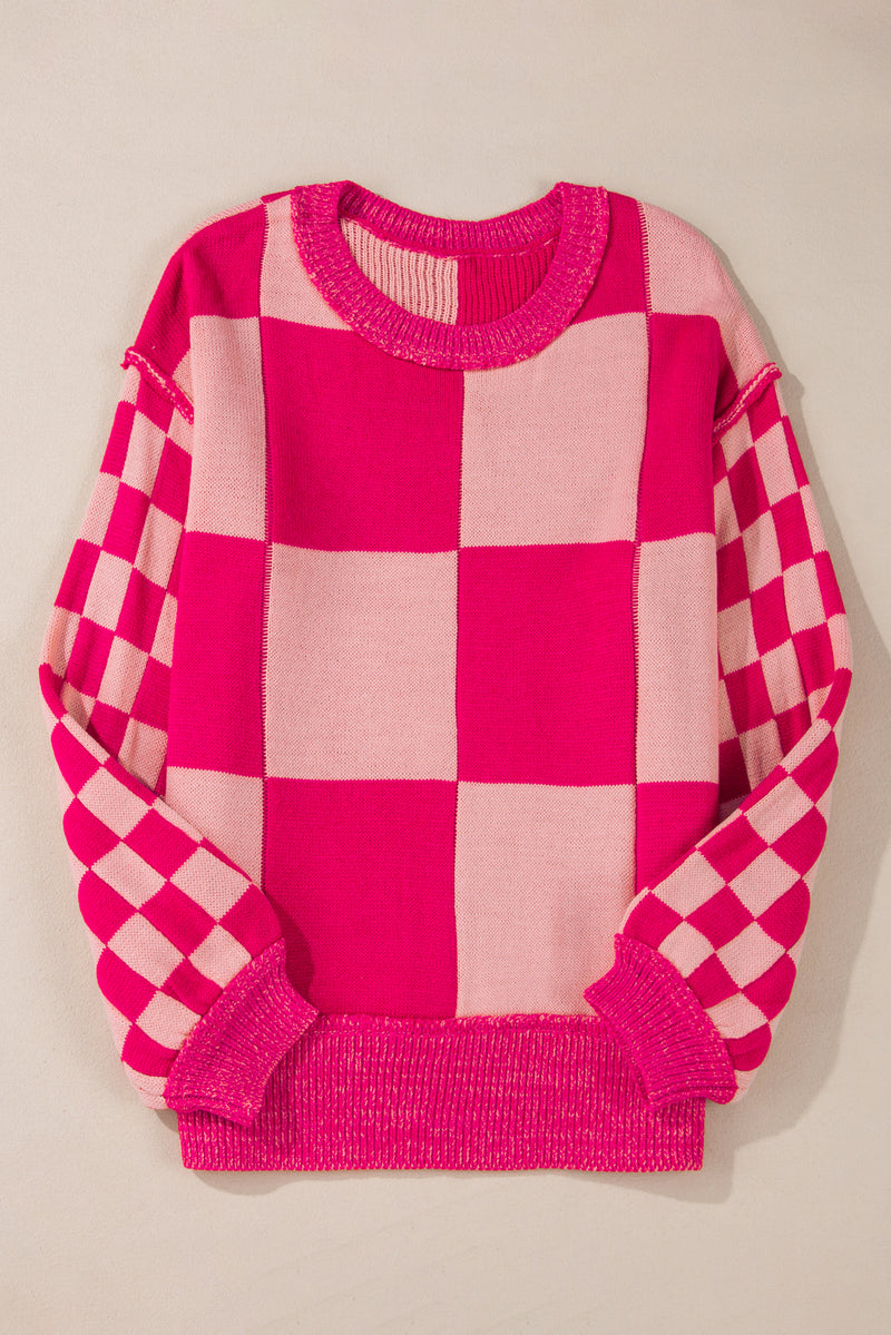 KaleaBoutique Mixed Checkered Pattern Drop Shoulder Loose Sweater - KaleaBoutique.com