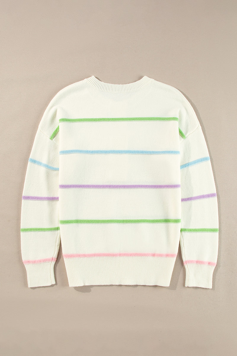 KaleaBoutique Rainbow Stripes Drop Shoulder Baggy Henley Sweater - KaleaBoutique.com