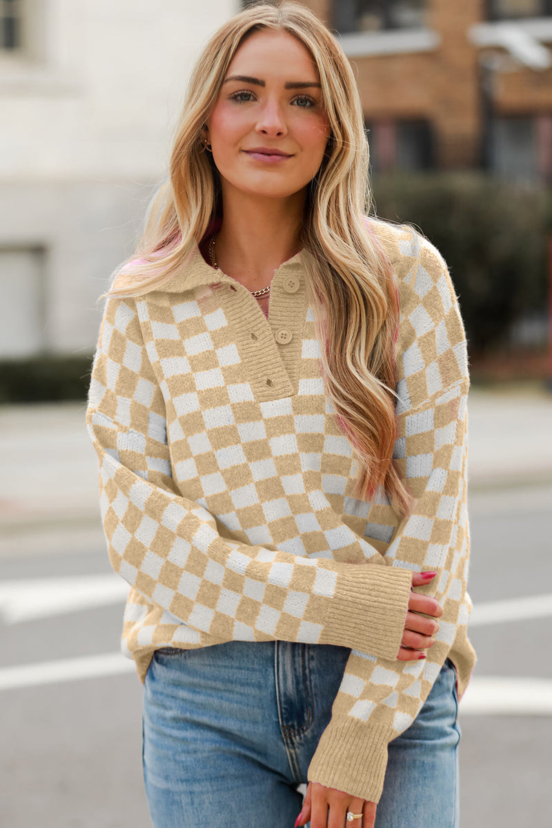 KaleaBoutique Checkered Buttons Collar V Neck Drop Shoulder Sweater - KaleaBoutique.com