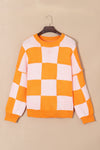 KaleaBoutique Orange Checkered Bishop Sleeve Sweater - KaleaBoutique.com