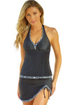 KaleaBoutique Stylish Contrasting Trim Royal Blue Halter Tankini Top with Swimsuit Skirt Tankini Set - KaleaBoutique.com