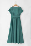 KaleaBoutique Solid Color V Neck Wrap Pleated Short Sleeve Maxi Dress - KaleaBoutique.com