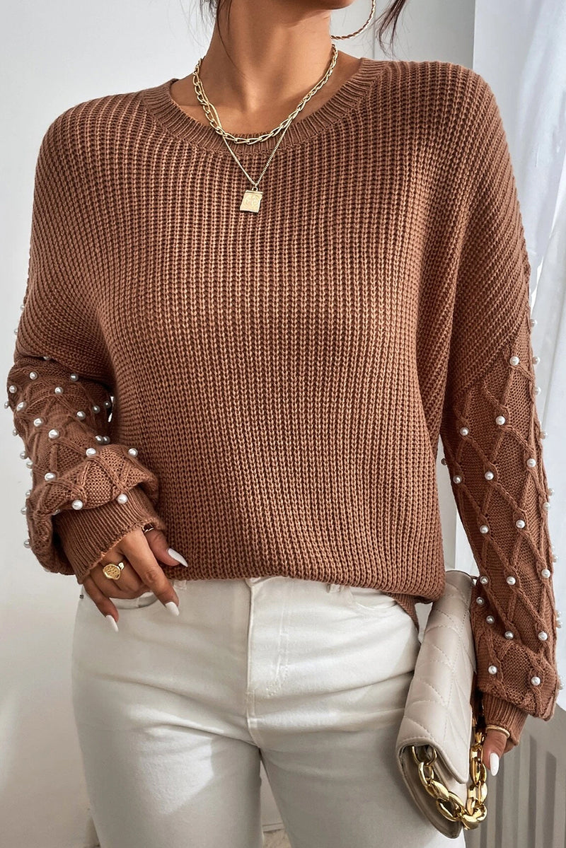 KaleaBoutique Beaded Drop Shoulder Round Neck Sweater - KaleaBoutique.com