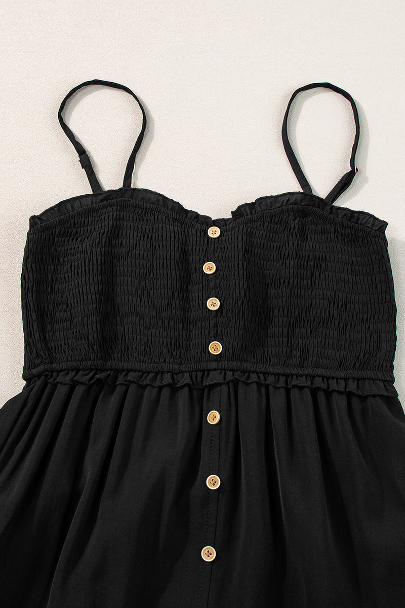 KaleaBoutique Spaghetti Straps Smocked Front Slit Buttoned Dress - KaleaBoutique.com