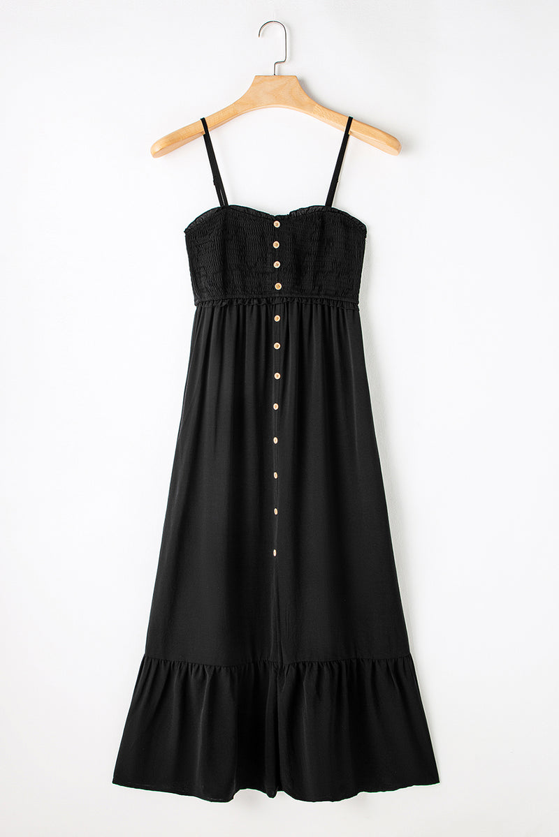 KaleaBoutique Spaghetti Straps Smocked Front Slit Buttoned Dress - KaleaBoutique.com