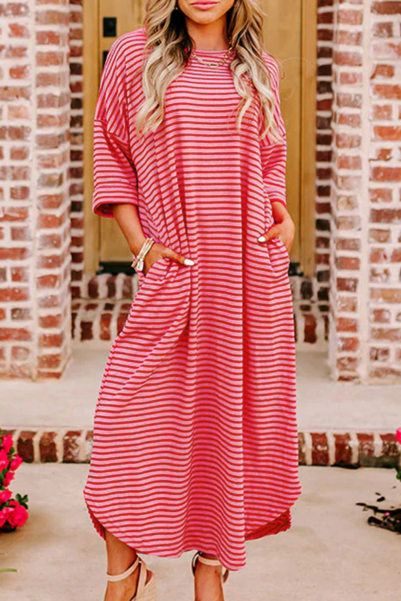 Striped 3/4 Sleeve Round Hem Shift T Shirt Dress - KaleaBoutique.com