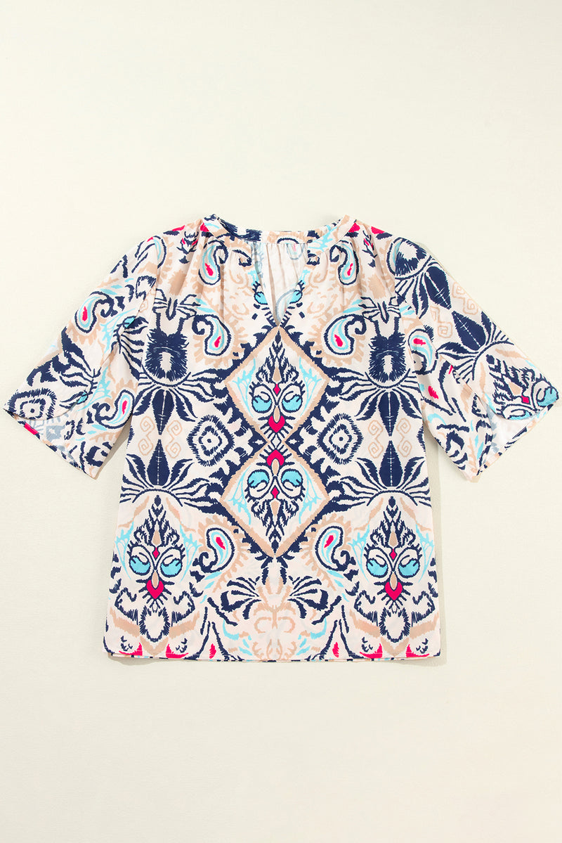 KaleaBoutique Abstract Printed Notched V Neck Split Half Sleeve Blouse - KaleaBoutique.com