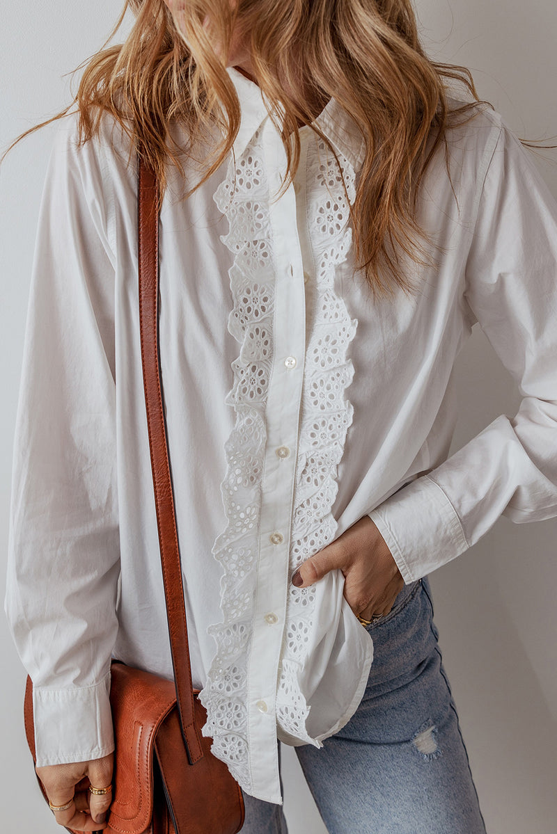 KaleaBoutique Lace Crochet Trim Turn Down Collar Buttoned Shirt - KaleaBoutique.com