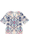 KaleaBoutique Abstract Printed Notched V Neck Split Half Sleeve Blouse - KaleaBoutique.com