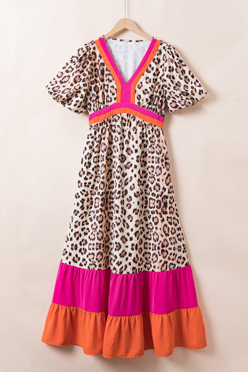 KaleaBoutique Leopard Colorblock Patchwork Bubble Sleeve Maxi Dress - KaleaBoutique.com