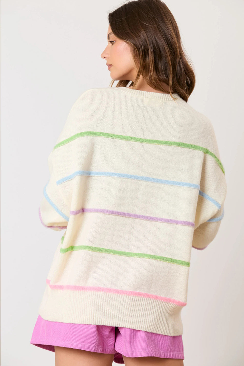 KaleaBoutique Rainbow Stripes Drop Shoulder Baggy Henley Sweater - KaleaBoutique.com