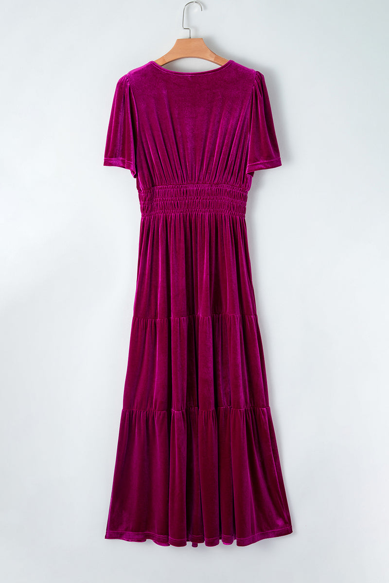 KaleaBoutique Velvet Short Sleeve Shirred Waist Tiered Maxi Dress - KaleaBoutique.com